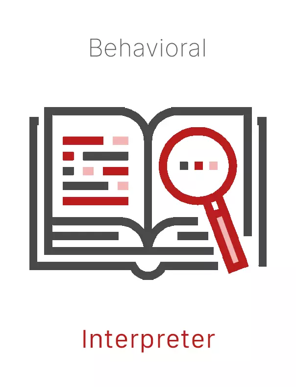 An open faced book with a magnifying glass on the right page. Click for definition of interpreter.